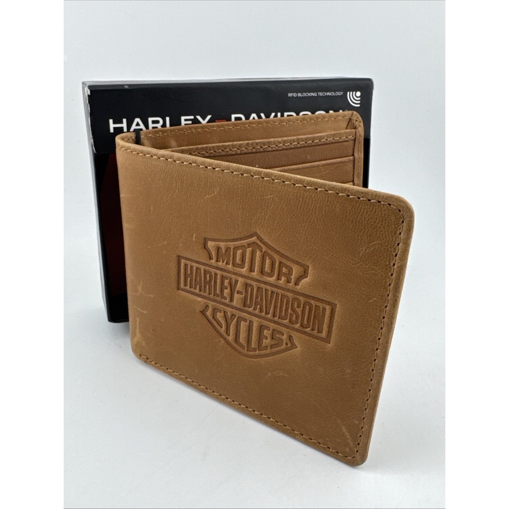 Harley Davidson Wallet Bi-Fold Leather Cognac Brown HD Debossed Logo Men's New